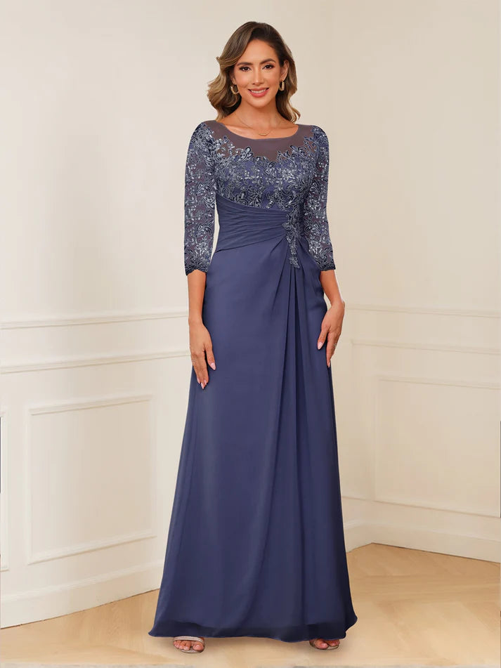 Princess Illusion Scoop Appliques Ruched Mother of the Bride Dresses